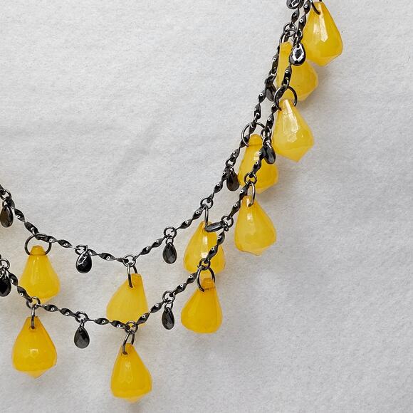 Yellow Statement Necklace Faceted Lemon Drop Dangle Charm Layered Gunmetal Chain - Picture 4 of 7
